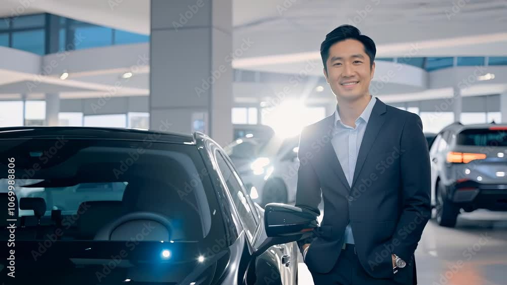 Confident asian car salesman smiling while posing next to a modern vehicle Confident asian car salesman smiling while posing next to a modern vehicle