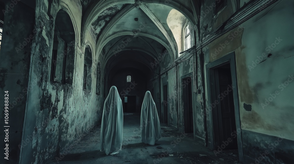 Ghost in Abandoned Castle Hall Ghost in Abandoned Castle Hall
