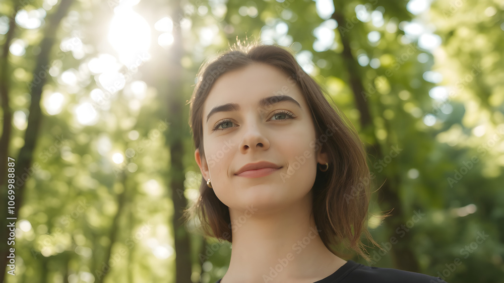 Serene Portrait with Natural Light and Blurred Greenery Serene Portrait with Natural Light and Blurred Greenery