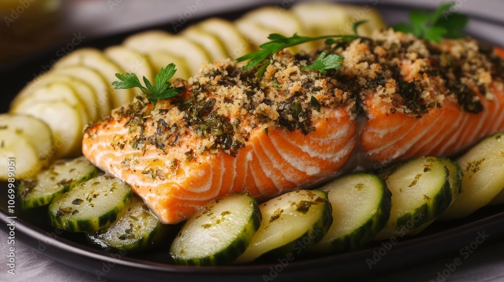 A nutritious Scandinavian dish with pickled cucumber and hassleback potatoes accompanied by a fish fillet with a herb coating.
A nutritious Scandinavian dish with pickled cucumber and hassleback potatoes accompanied by a fish fillet with a herb coating.