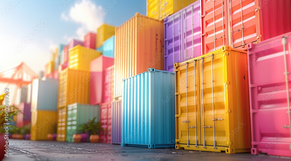 Stacks of colorful shipping containers stacked neatly in a grid. Stacks of colorful shipping containers stacked neatly in a grid.
