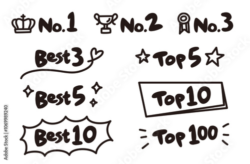 ランキングアイコンのイラスト（Best、Top、No.）のセット（手描き・モノクロ） photo