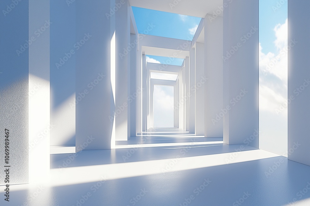 A modern, open corridor with geometric columns and natural sunlight casting shadows, leading to a view of the blue sky background. A modern, open corridor with geometric columns and natural sunlight casting shadows, leading to a view of the blue sky background.