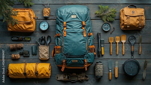 Outdoor gear and tools arranged for camping and adventure.