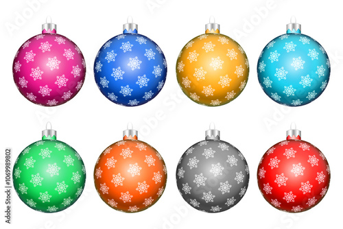 Set of multicolored balls with snowflake pattern for Christmas and New Year holidays. 3D illustration.