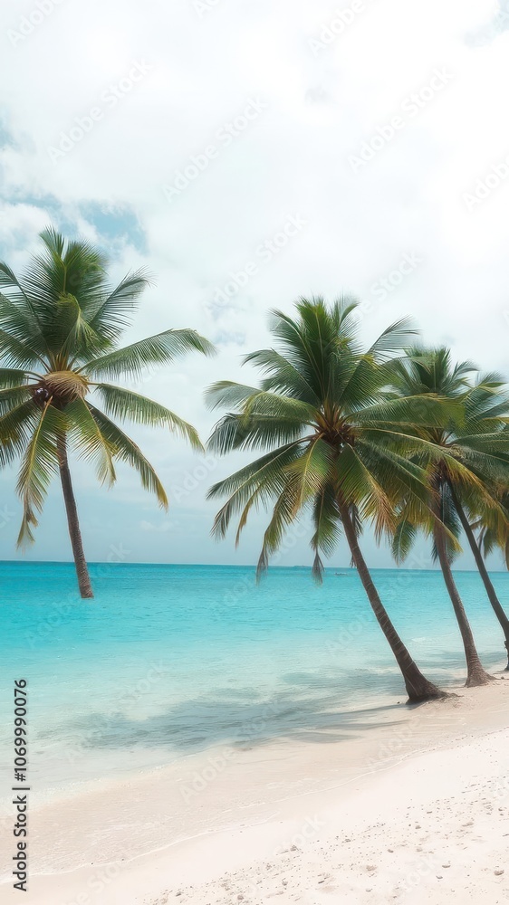 Obraz premium Vibrant turquoise Caribbean sea with coconut palms lining sandy beach, beach, sea