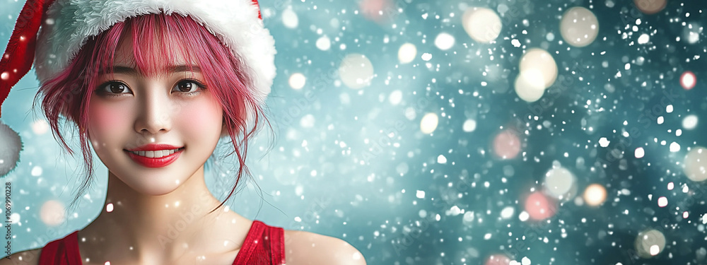 Xmas vibes - holiday season - merry christmas - sexy santa - happy smiling young pink haired woman waiting for Santa Claus. Horizontal banner Xmas vibes - holiday season - merry christmas - sexy santa - happy smiling young pink haired woman waiting for Santa Claus. Horizontal banner