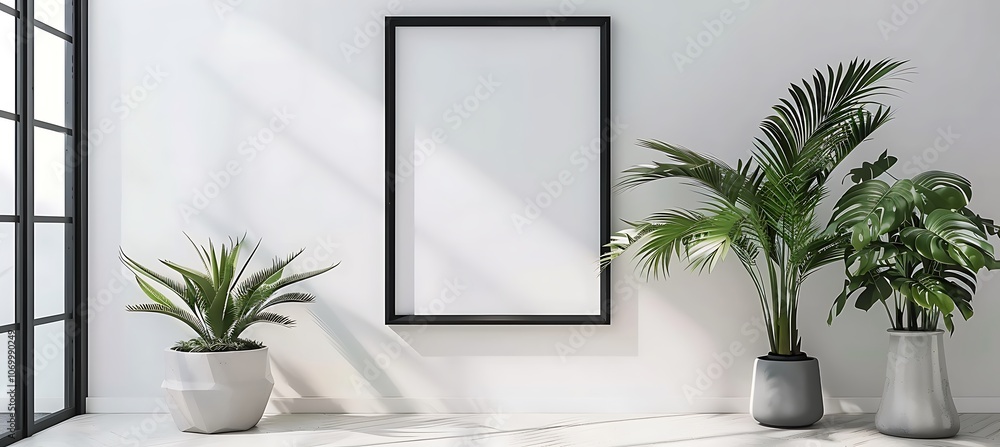 Living Room Mockup with Black Frame, Greenery, and Sofa Living Room Mockup with Black Frame, Greenery, and Sofa