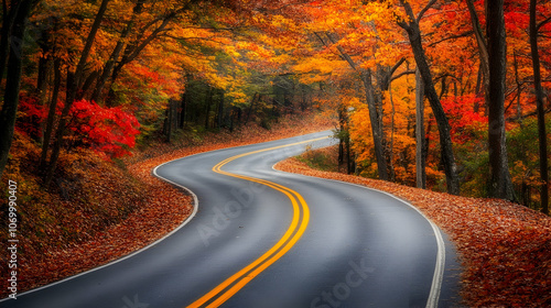 Winding road through a colorful autumn forest.