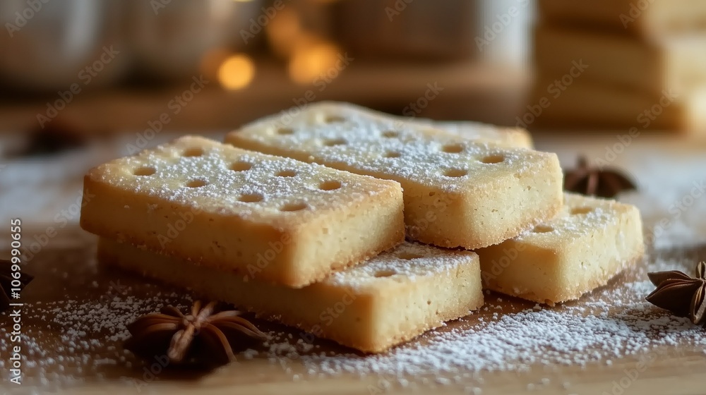 Petticoat tails cookies, Scottish favorite cookies, Scottish Shortbread, with powdered sugar and surrounded by star anise Petticoat tails cookies, Scottish favorite cookies, Scottish Shortbread, with powdered sugar and surrounded by star anise