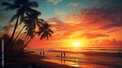 Sunset on beach with people and palms