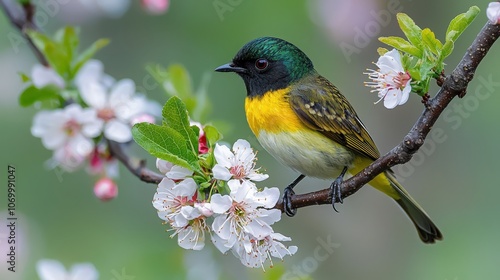 Colorful bird perched on a flowering branch in springtime garden