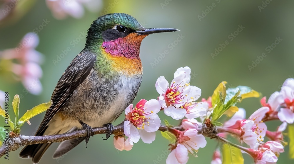 A vibrant hummingbird perched on delicate cherry blossoms in springtime A vibrant hummingbird perched on delicate cherry blossoms in springtime