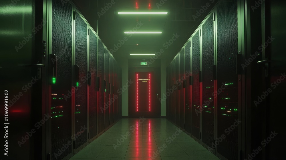 Dark Server Room with Glowing Lights Dark Server Room with Glowing Lights
