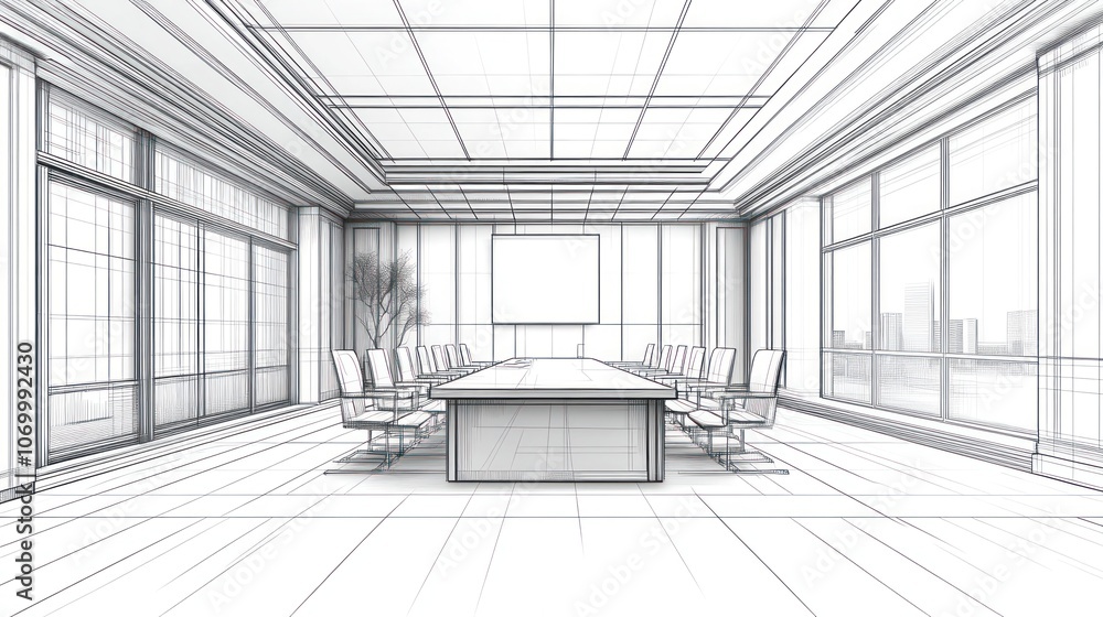A blueprint of a modern conference room with a long table, chairs, and large windows overlooking a city skyline. A blueprint of a modern conference room with a long table, chairs, and large windows overlooking a city skyline.