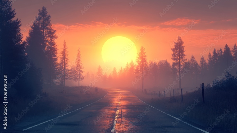 A long, empty road stretches towards a vibrant sunrise over a misty forest. A long, empty road stretches towards a vibrant sunrise over a misty forest.