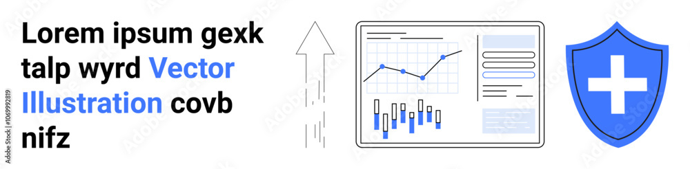 Line chart, bar graph on a monitor, upward arrow, blue shield with cross. Ideal for data analysis, growth, security, business, health, finance, research. Landing page Line chart, bar graph on a monitor, upward arrow, blue shield with cross. Ideal for data analysis, growth, security, business, health, finance, research. Landing page