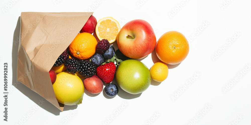 Top view of fresh fruits overflowing from paper bag on a white background, apples, oranges, lemons, berries, healthy eating concept, eco shopping, minimalistic food design ad banner with copy space
