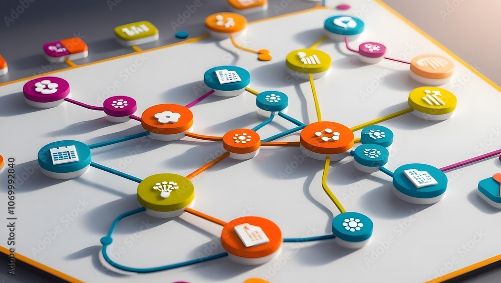 A colorful network diagram with interconnected nodes representing concepts, ideas, or data points on a bright background.