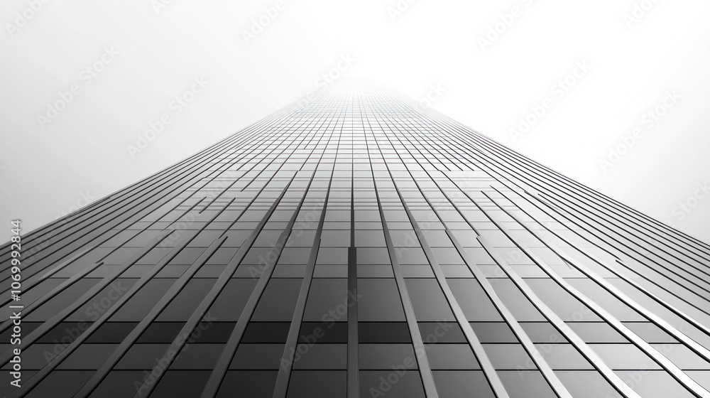 A low angle view of a skyscraper disappearing into a foggy sky. A low angle view of a skyscraper disappearing into a foggy sky.