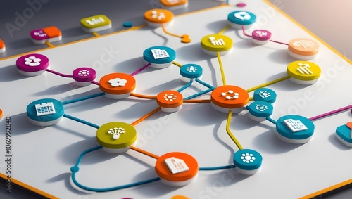Obraz na płótnie A colorful network diagram with interconnected nodes representing concepts, ideas, or data points on a bright background. w salonie