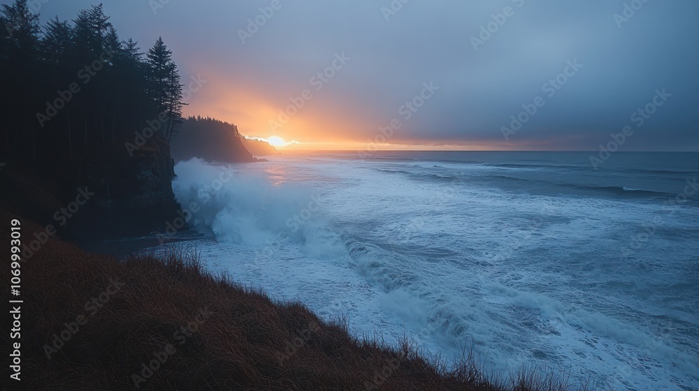 Obraz premium Dramatic sunset over the ocean with crashing waves and a cliff in the foreground.