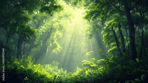 Sunlight streams through a dense, green forest canopy, illuminating the forest floor with a magical glow.