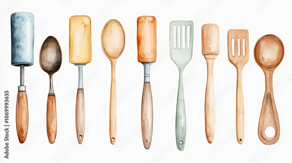A colorful arrangement of kitchen utensils displayed on a white background with varied designs and materials used in cooking A colorful arrangement of kitchen utensils displayed on a white background with varied designs and materials used in cooking