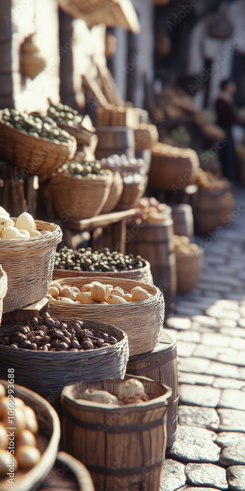 Market street with baskets of assorted nuts and spices in rustic setting Market street with baskets of assorted nuts and spices in rustic setting