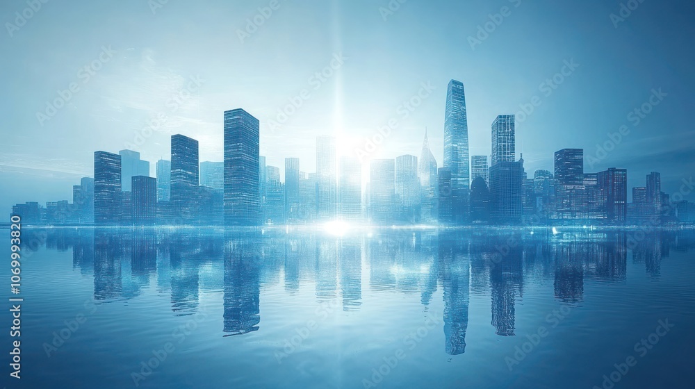 A panoramic view of a modern city skyline with buildings reflected in the water at sunrise. A panoramic view of a modern city skyline with buildings reflected in the water at sunrise.