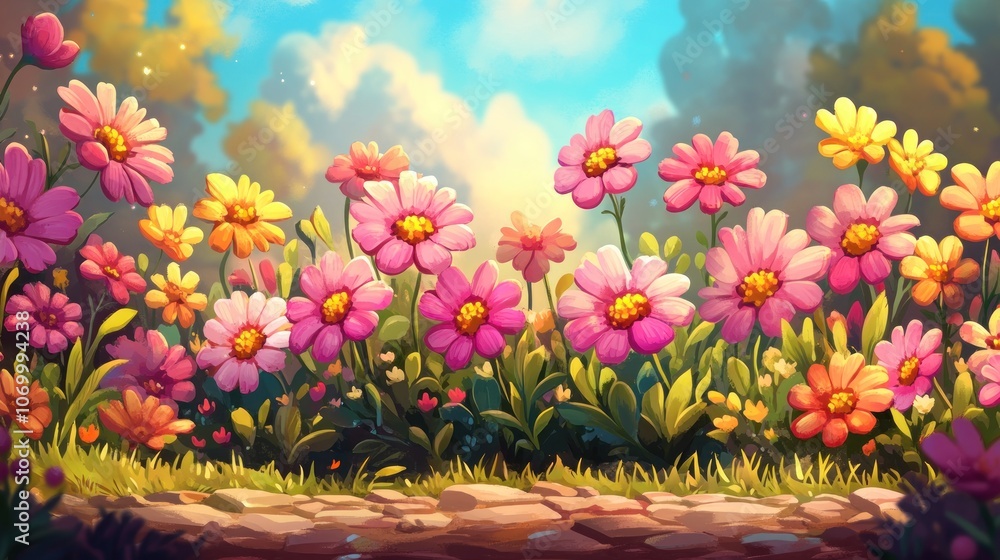 A field of vibrant pink and yellow flowers in a dreamy setting. A field of vibrant pink and yellow flowers in a dreamy setting.