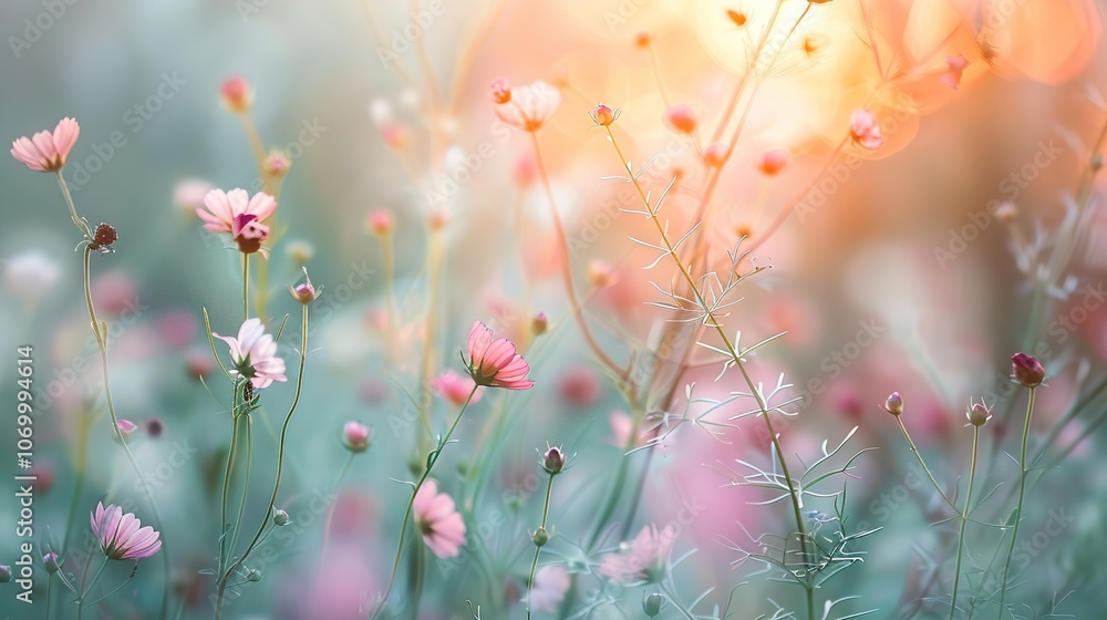 Delicate Pink Flowers in a Soft Light: A Floral Field in Bloom Delicate Pink Flowers in a Soft Light: A Floral Field in Bloom