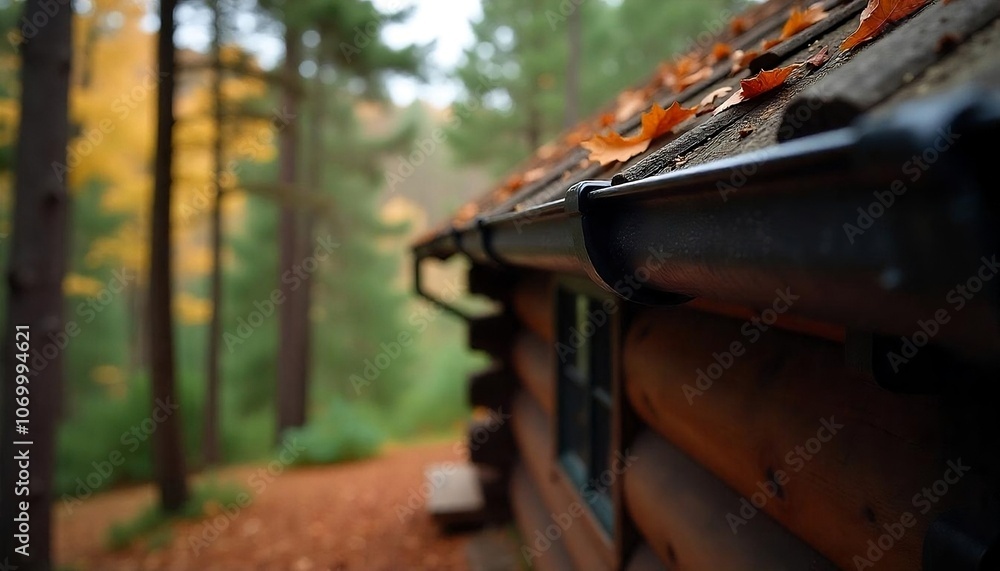A black metal rain gutter attached to the wooden roof of a log cabin in a forested area, drainage pipe, rain drain pipe, created with generative ai A black metal rain gutter attached to the wooden roof of a log cabin in a forested area, drainage pipe, rain drain pipe, created with generative ai