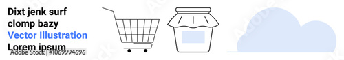 Shopping cart with wheels, jam jar with a lid, and cloud icon. Ideal for e-commerce, online market, digital storage, food services, online grocery, cloud solutions, retail marketing. Banner