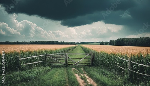 Stormy sky over cornfield: path through rural landscape with dramatic clouds photo