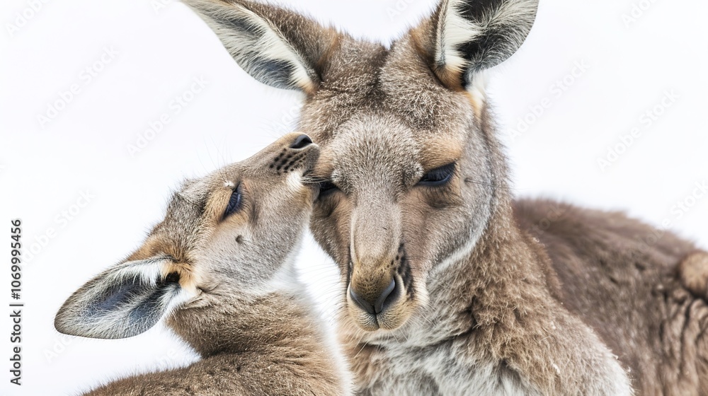 A Heartwarming Scene of a Kangaroo and Her Baby Standing Out Against the White Background A Heartwarming Scene of a Kangaroo and Her Baby Standing Out Against the White Background