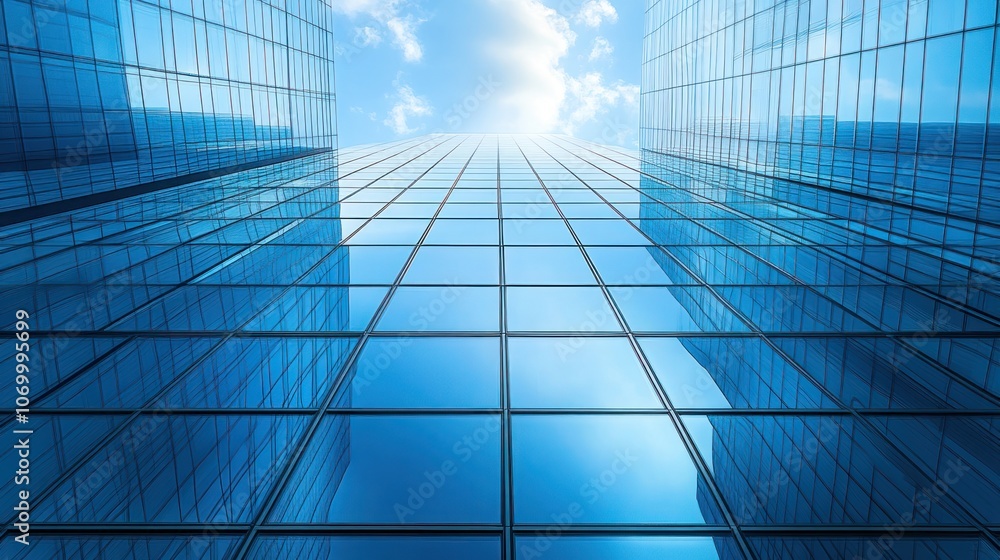 A low angle view of two modern glass buildings with a bright blue sky and sun shining in the background. A low angle view of two modern glass buildings with a bright blue sky and sun shining in the background.