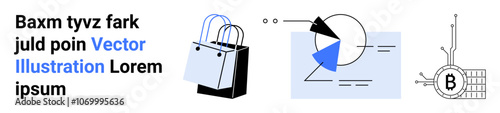 E-commerce shopping bag, analytical graph, and Bitcoin node for digital marketing, financial analysis, and cryptocurrency themes. Ideal for use in educational materials, websites, blogs