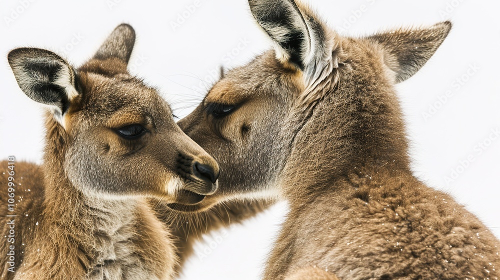 A Heartwarming Scene of a Kangaroo and Her Baby Standing Out Against the White Background