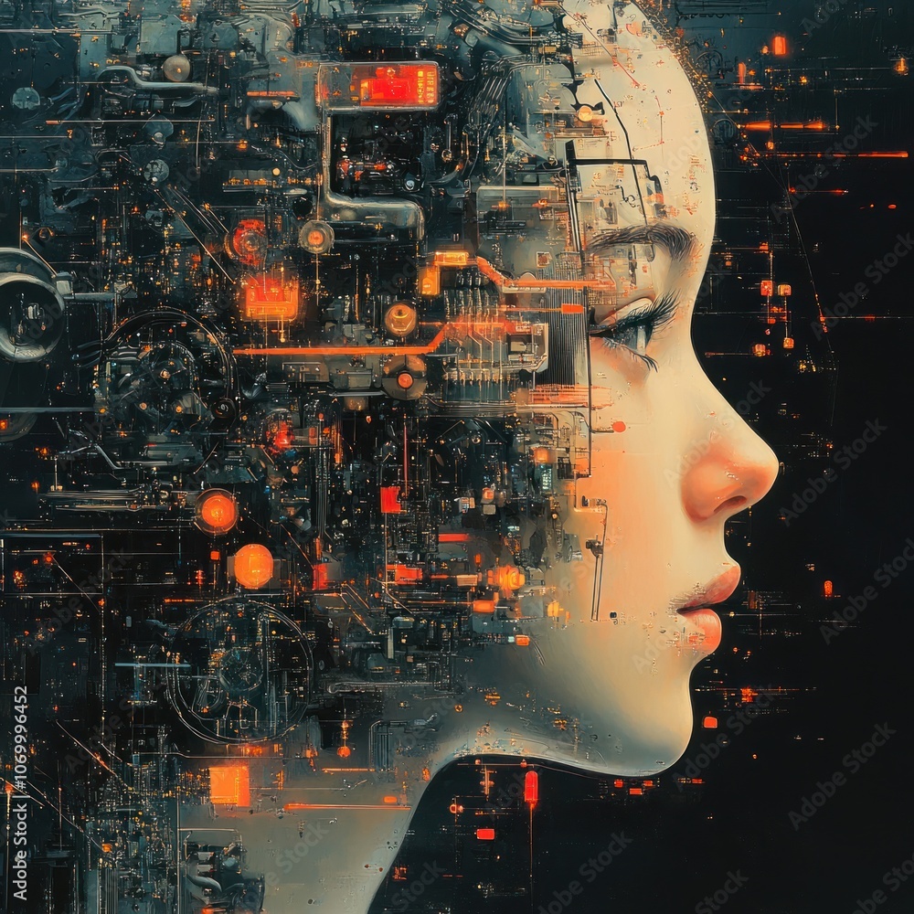 A woman's face is rendered as a complex system of circuitry and glowing lights, symbolizing the intersection of human consciousness and technological advancement. A woman's face is rendered as a complex system of circuitry and glowing lights, symbolizing the intersection of human consciousness and technological advancement.
