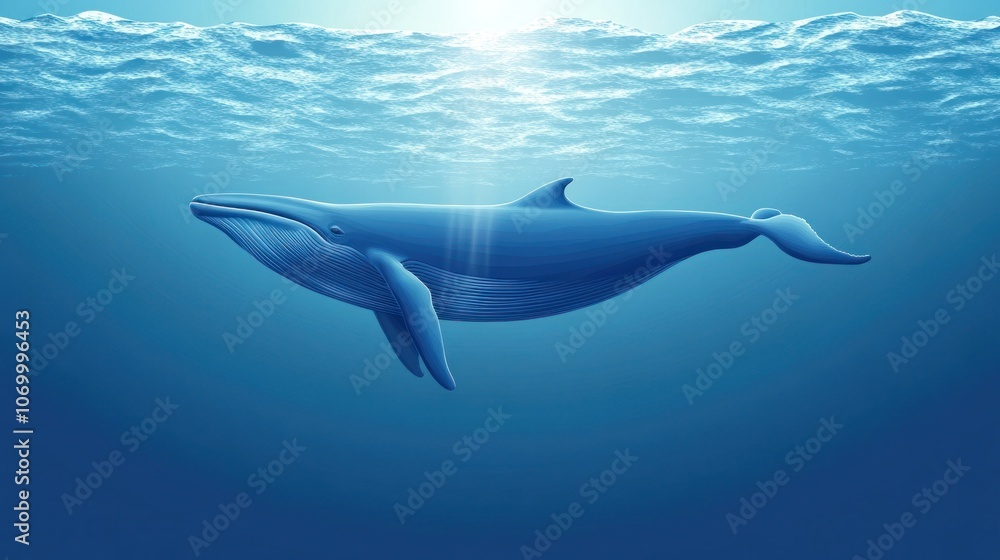 Obraz premium A blue whale swims through the deep blue ocean, sunlight shining through the water above.
