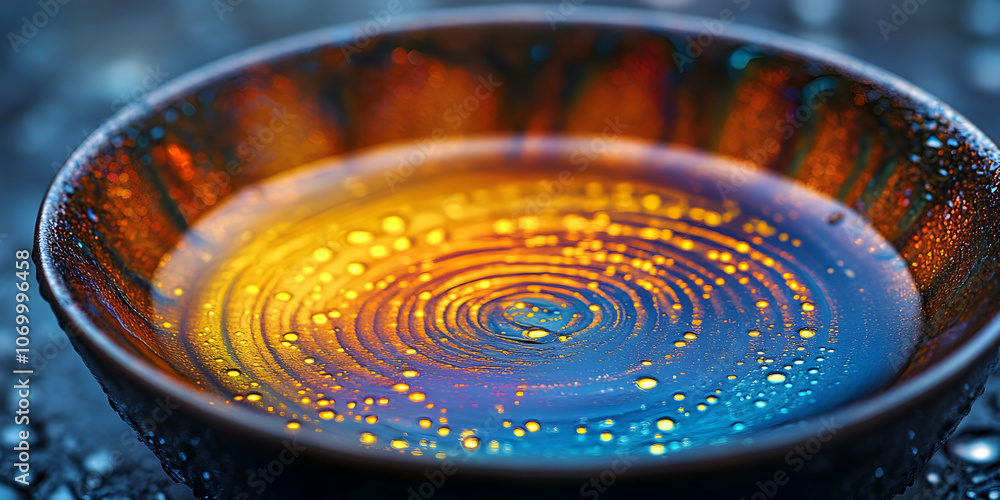 Close-up of a Dark Ceramic Bowl Filled with Water, Showing a Circular Ripple Pattern and Glistening Droplets