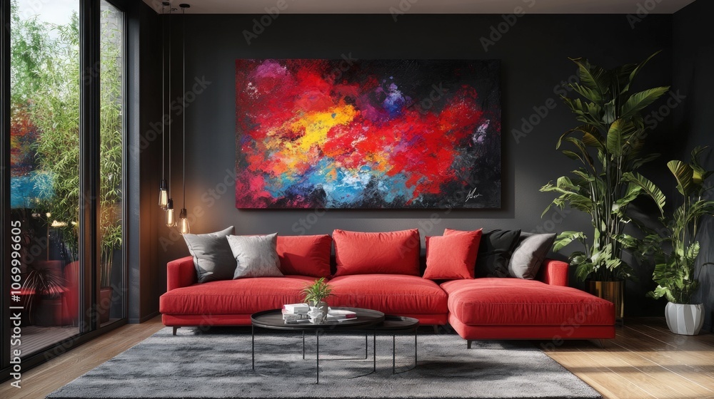 Modern living room with red sofa and abstract painting. Modern living room with red sofa and abstract painting.