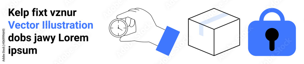Hands holding a stopwatch, a sealed package box, and a blue lock icon. Ideal for logistics, shipping services, delivery timing, secure packaging, supply chain management, e-commerce protection Hands holding a stopwatch, a sealed package box, and a blue lock icon. Ideal for logistics, shipping services, delivery timing, secure packaging, supply chain management, e-commerce protection