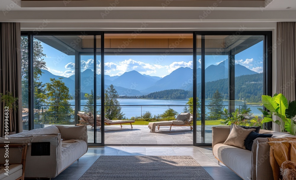 Fototapeta premium Modern living room with large sliding glass doors showcasing a panoramic view of mountains, trees, and a serene lake on a sunny day
