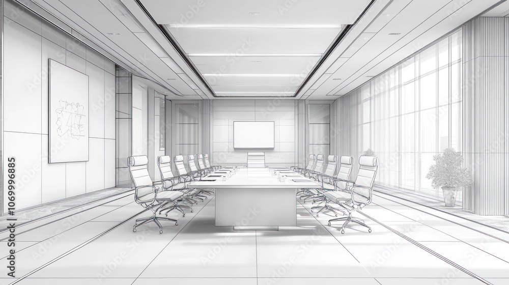 White and clean conference room with large windows, long table, and chairs. White and clean conference room with large windows, long table, and chairs.