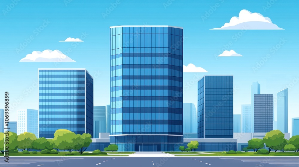 Fototapeta premium A cartoon illustration of a modern city skyline with tall glass buildings, a blue sky, and green trees in the foreground.
