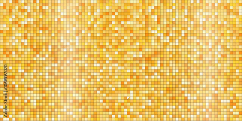 Disco gold tiles, shiny mosaic halftone sparkles. Vibrant paillette background. Sequin texture, Metallic yellow orange decoration, light effect.