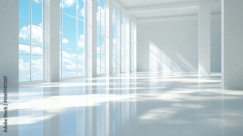 Modern white empty office space with large windows, bright sunlight streaming in and reflecting on the floor. Modern white empty office space with large windows, bright sunlight streaming in and reflecting on the floor.