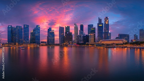 Wallpaper Mural A panoramic view of a modern city skyline at sunset with reflections in the water. Torontodigital.ca